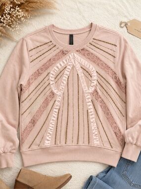 Anthropologie Embellished Lace Sweatshirt Romantic Boho Blush Soft Girl Chic S